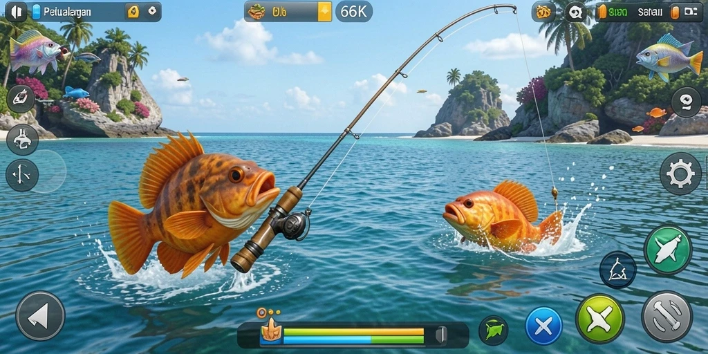 Tampilan gameplay <strong>66K</strong> dengan aksi memancing yang mendebarkan.
