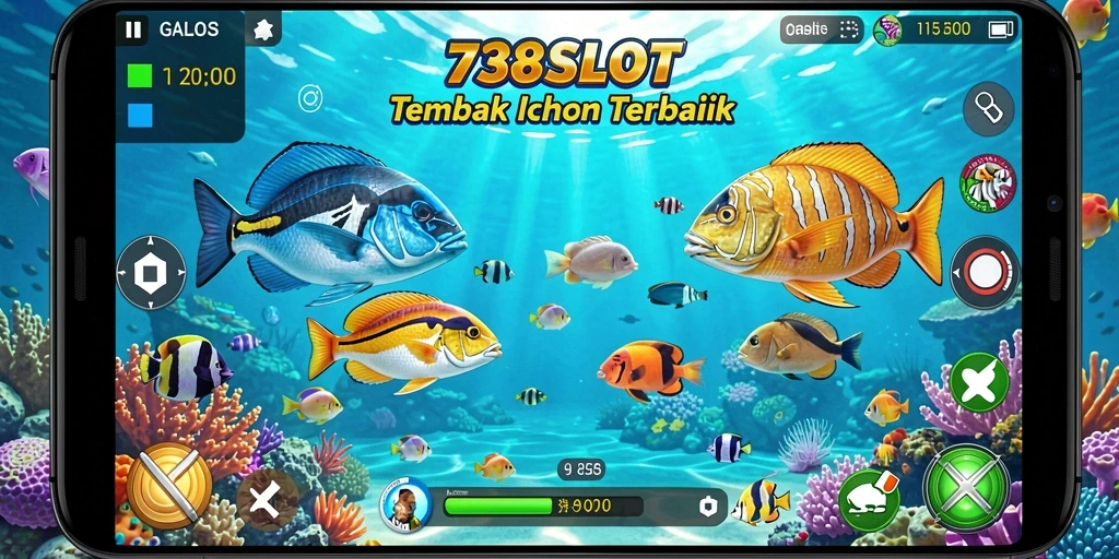 Screenshot gameplay 738SLOT menunjukkan aksi menembak ikan yang seru.