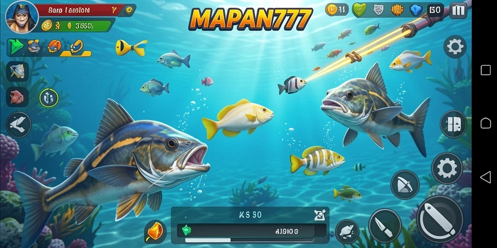 Tampilan gameplay MAPAN777 yang seru saat menembak ikan di lautan.