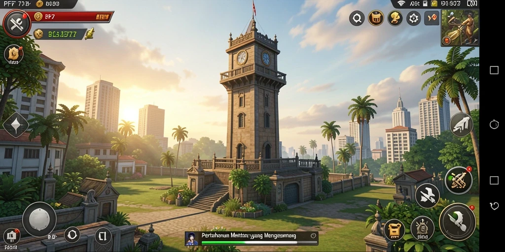 Screenshot gameplay PF777 menampilkan menara yang sedang bertempur melawan musuh.